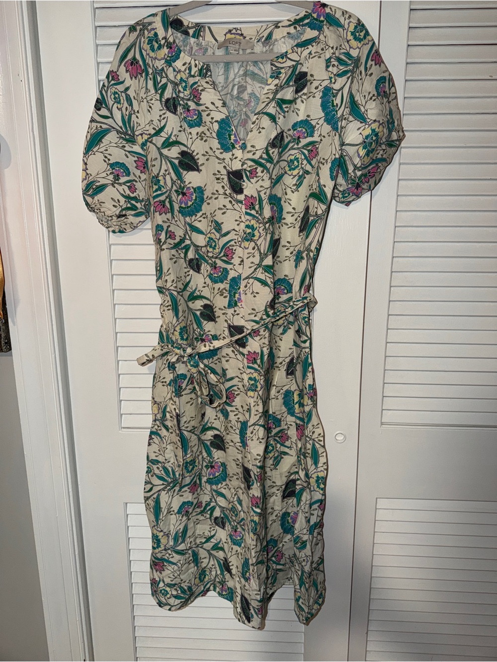 LOFT Cream Floral Midi Dress with Teal and Pink Accents